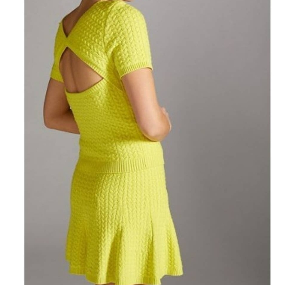 Anthropologie 2pc Knit Mini Skirt Set, Back Cutout, Yellow, Large